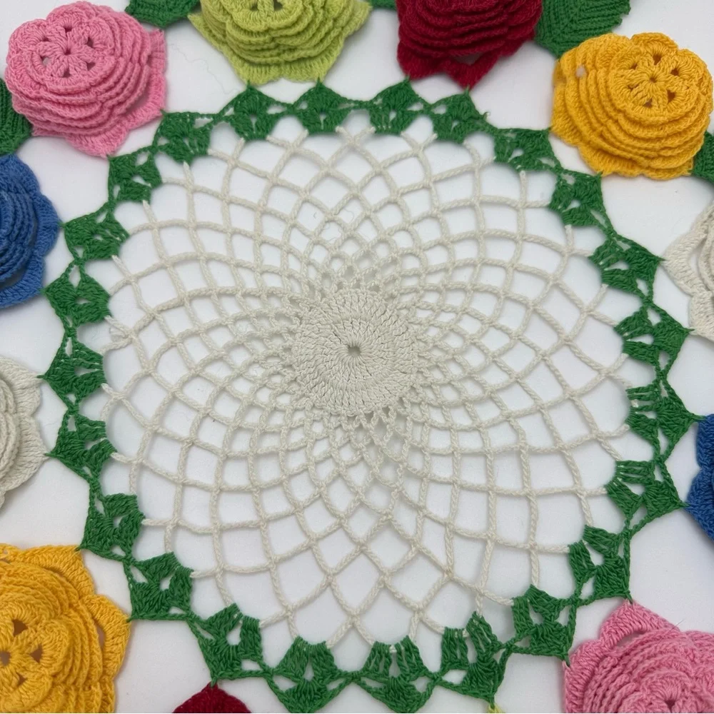 Vintage Hand-Crocheted Doily with 3D Floral Edging – 15